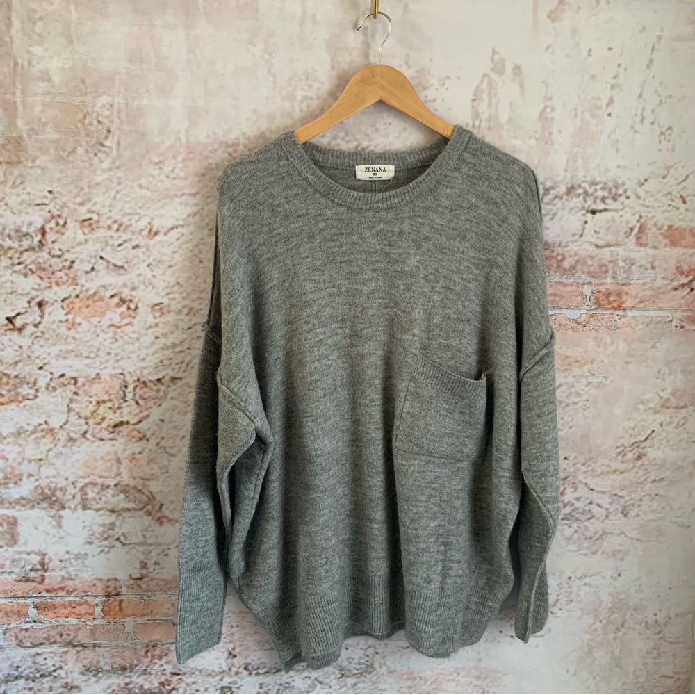 Zenana Cozy Grey Crewneck Sweater with Front Pocket
